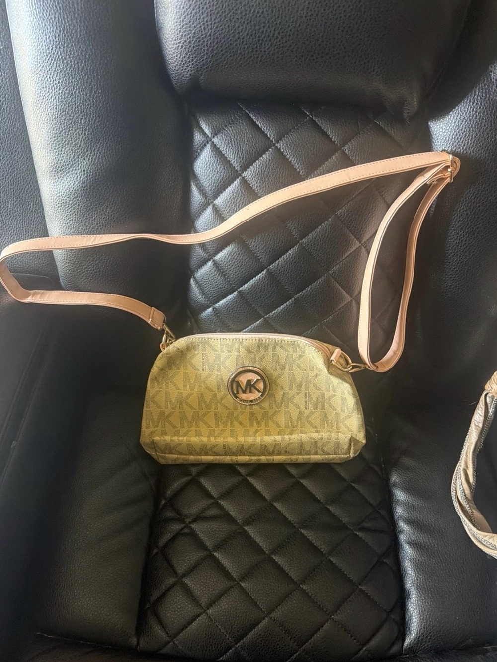Michael Kors Gold MK Monogram Small Crossbody with Pale Pink Strap